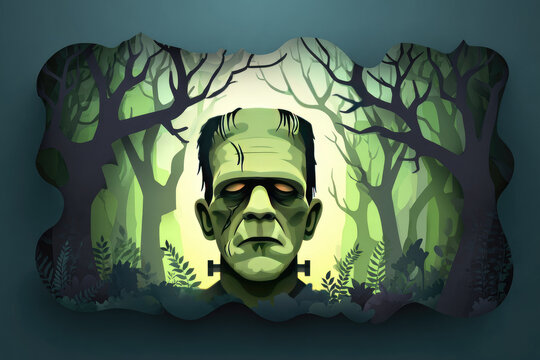 Frankenstein monster paper cut illustration eerie forest background green tones horror theme dramatic lighting spooky atmosphere Halloween concept creative design