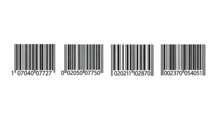 Collection of four different retail product barcodes presented horizontally on vector
