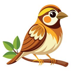Fototapeta premium Adorable cartoon sparrow perched on a branch with green leaves