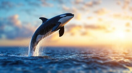 Fototapeta premium Majestic Orca Whale Leaping from Ocean at Sunrise against Colorful Sky