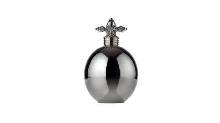 Perfume bottle with pump reflective metallic surface isolated on pure white background in design

