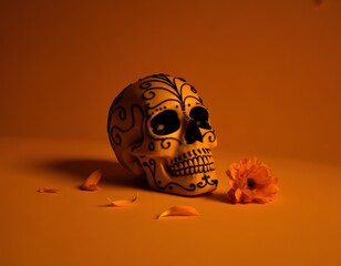 Artistic sugar skull with intricate black designs and floral accents on orange background representing Day of the Dead celebration
