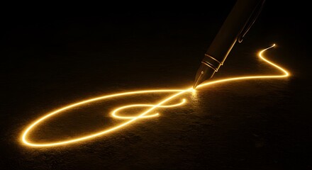 A giant pen drawing a glowing path on the ground, symbol of creation.