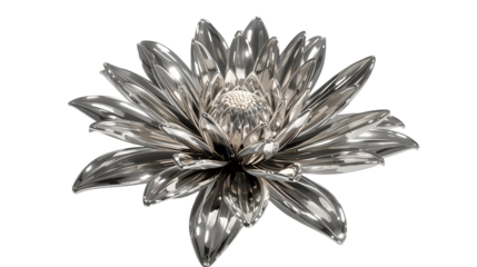 Flower sculpture with reflective metallic petals isolated on pure white background in modern design

