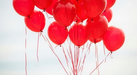Vibrant red balloons floating against a bright sky