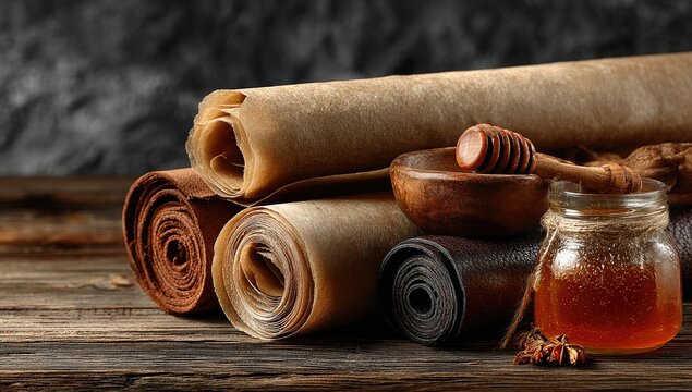 Rolled leather and parchment, honey, and spices