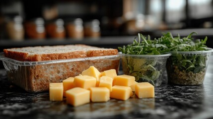 Prepared lunch components.  Whole wheat bread, cheese, and greens in containers