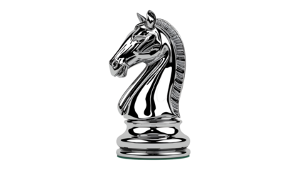 Chess knight piece with photorealistic metallic shine isolated on pure white background in design
