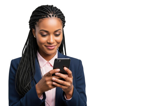 Professional african american woman using smartphone mobile cellphone app isolated on transparent background