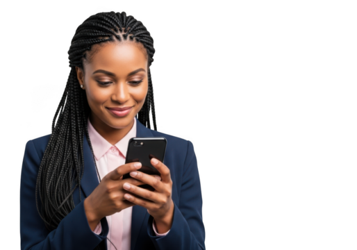 Professional african american woman using smartphone mobile cellphone app isolated on transparent background