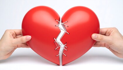 A red heart, broken in two, held by hands
