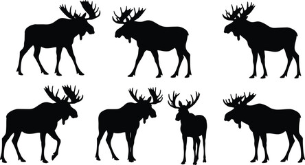 Collection of six moose silhouette vector illustrations with antlers in various poses, ideal for wildlife, hunting, and forest-themed designs.