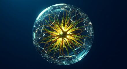 A glass sphere cracked with glowing roots emerging, symbol of rebirth.