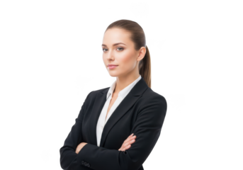 Professional businesswoman in suit with arms crossed stock image, confident female executive, isolated on transparent background
