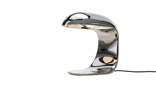 Table lamp with reflective metallic surface isolated on pure white background in modern design
