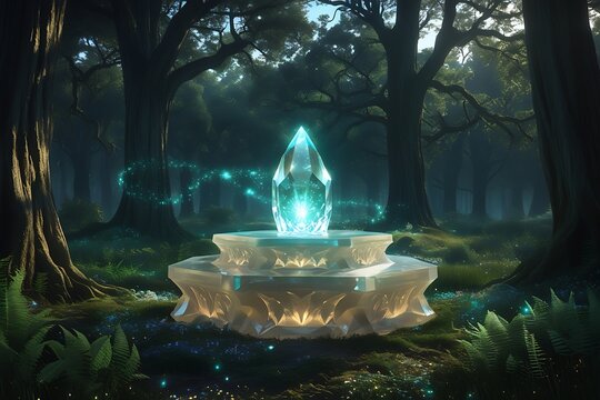 Glowing crystal fountain in a mystical enchanted forest