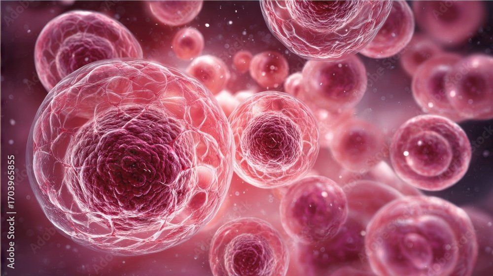 Poster multiple cells exhibit complex structures with distinct features, displayed in vivid colors and text
