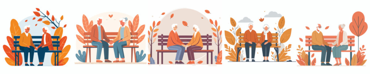 vector of grandparents sitting on park benches in autumn