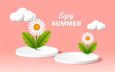 Paper cut white daisies green leaves pedestals Clouds 'Enjoy SUMMER' message pink background
