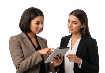 Two businesswomen discussing data on a tablet, collaboration and teamwork, professional meeting, isolated on transparent background