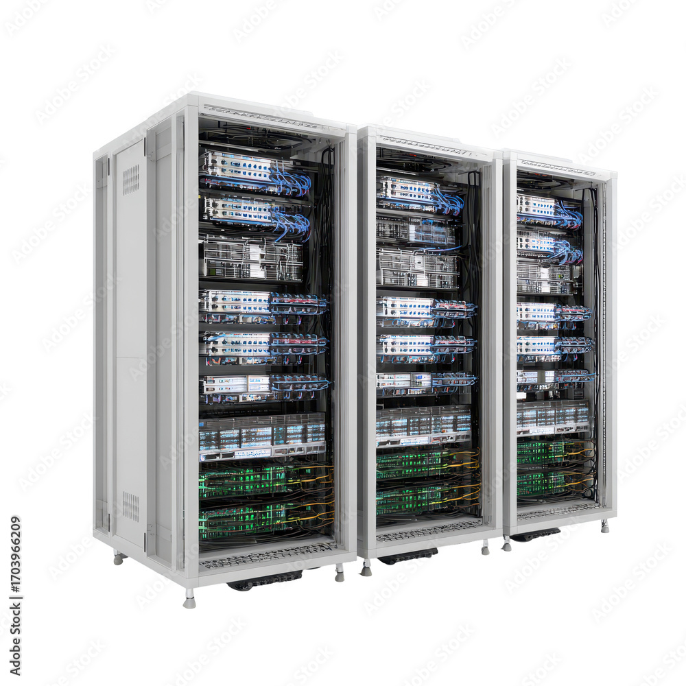 Poster data center with multiple server racks organized for optimal performance and connectivity