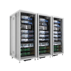 Data center with multiple server racks organized for optimal performance and connectivity