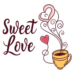 Vector art of sweet love lettering with a cup of coffee and hearts hand drawn vector illustration for valentines day, wedding, or romantic event cute design