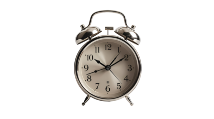 Alarm clock with reflective metallic surface isolated on pure white background in modern stylish design
