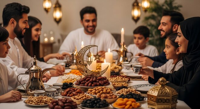 Traditional family gathering for iftar meal during Ramadan with dates and Arabic coffee