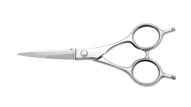 Metallic scissors with shiny blade isolated on pure white background in modern minimal design
 - Powered by Adobe