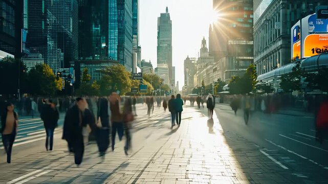 Crowded Nanjing road showcasing diverse pedestrians walking through bustling Shanghai urban landscape during morning rush hour, capturing city's dynamic energy and movement