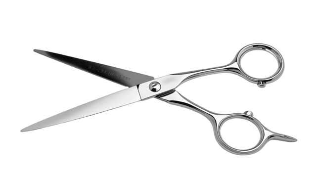 Metallic scissors with shiny blade isolated on pure white background in modern minimal design
