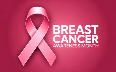 Pink awareness ribbon on a vibrant pink background White text BREAST CANCER AWARENESS MONTH visible