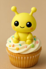 Cute yellow alien character sitting on top of a delicious cupcake.