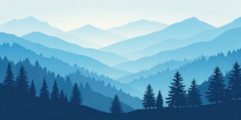 Fototapeta premium Illustration of a layered mountain range with pine trees in shades of blue color