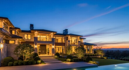 Obraz premium Luxury Modern Mansion Estate with Infinity Pool at Sunset