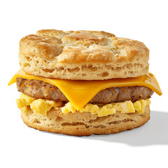 A breakfast sandwich featuring a biscuit, scrambled eggs, sausage patty, and melted cheese