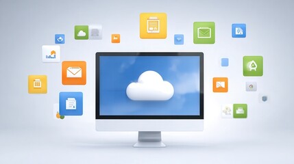 A computer screen displaying cloud storage options with data icons surrounding it.