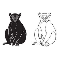 Flat Lemur Silhouette & Lemur Lineart – Lemur Vector Image Featuring Simplified Geometry – Lemur Illustration – Silhouette and Lineart Set of Lemur