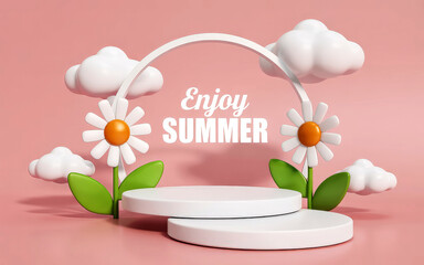 3D render on pink 'Enjoy SUMMER' text White daisy flowers green leaves puffy clouds and podiums
