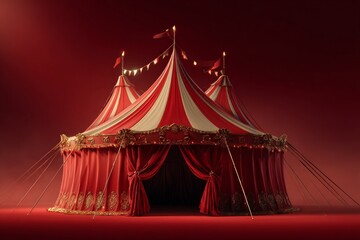 Classic red and white circus tent illuminated by spotlights, creating a magical and exciting atmosphere