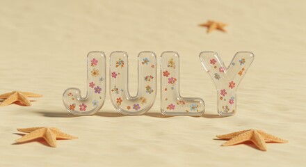 Creative 3D rendering of the word July made from transparent material filled with colorful flowers, set on a sandy beach with starfish for a summer concept