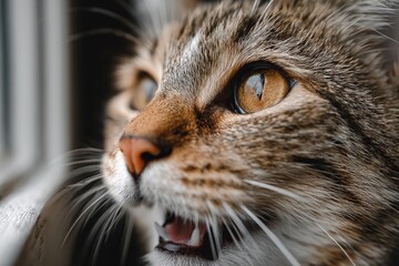 Close-up of a tabby cat opening its mouth, showing teeth and whiskers