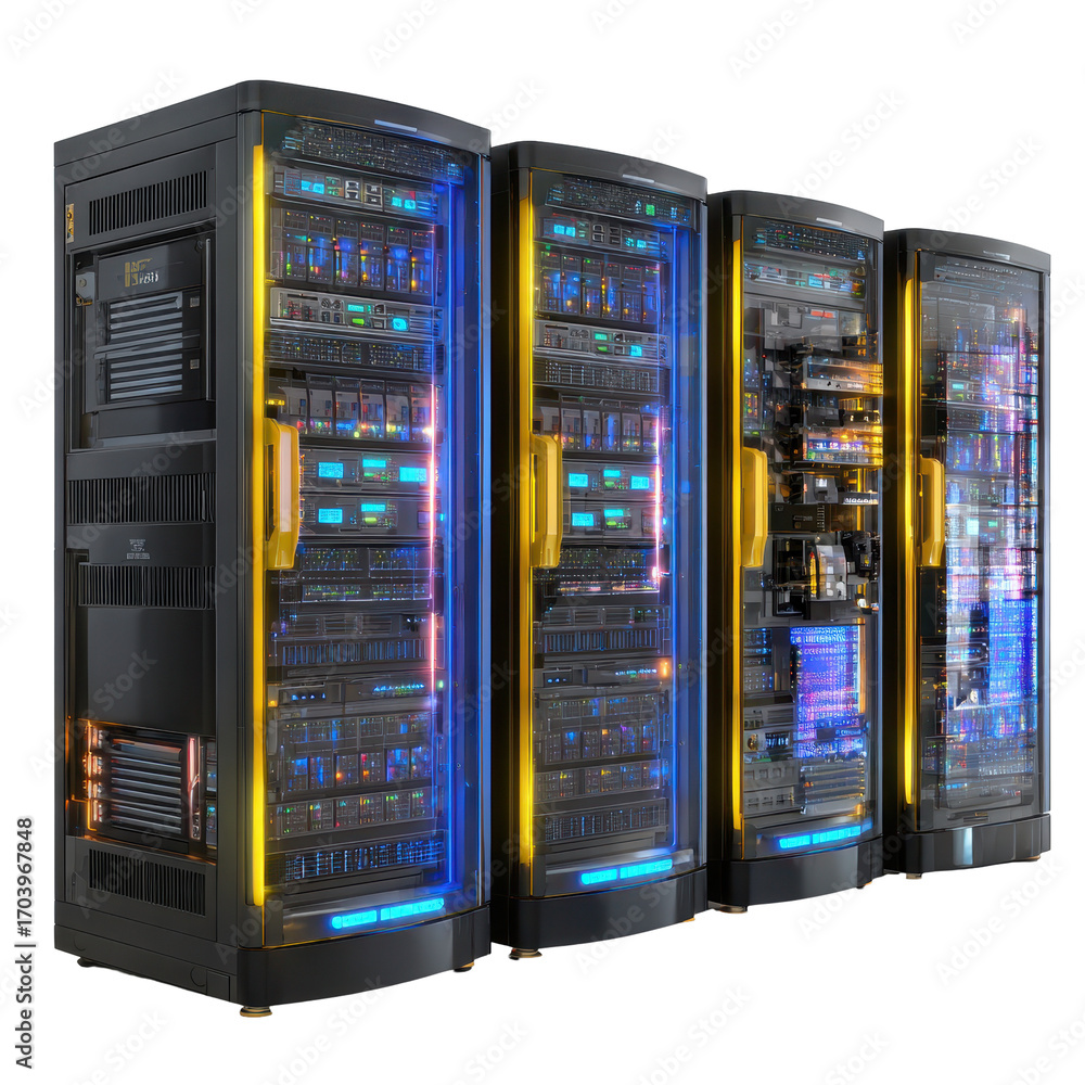 Poster advanced server technology displayed in a sleek data center environment with vibrant lighting effect