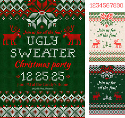 Ugly Sweater Christmas Party cards. Knitted pattern. Scandinavian style deers