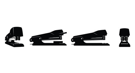 Collection of four black staplers showcasing different designs and sizes for office supplies vector