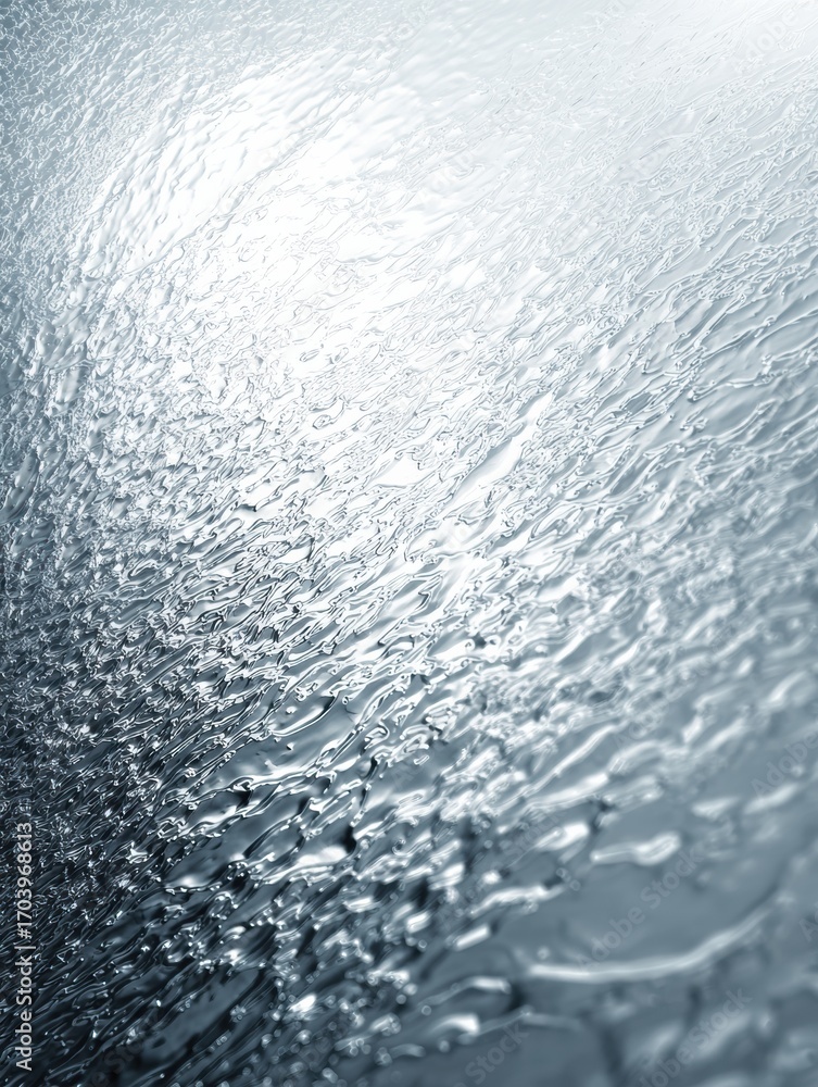 Poster water droplets create intricate patterns on a reflective surface with soft lighting at a close up an