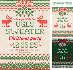 Ugly Sweater Christmas Party cards. Knitted pattern. Scandinavian style deers