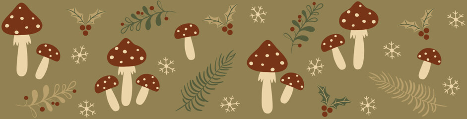 Rustic Retro Christmas Horizontal Banner with Red Mushrooms, Greenery and Snowflakes