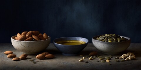Fototapeta premium Rustic Ceramic Bowls with Almonds Pumpkin Seeds and Golden Oil on Dark Background for Healthy Natural Food and Nutrition Concepts